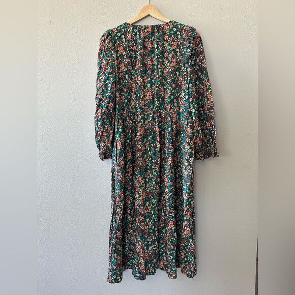 J Crew Smocked V Neck Long Sleeve Micro Floral Ruffle Midi Dress Green Size M - Picture 11 of 12